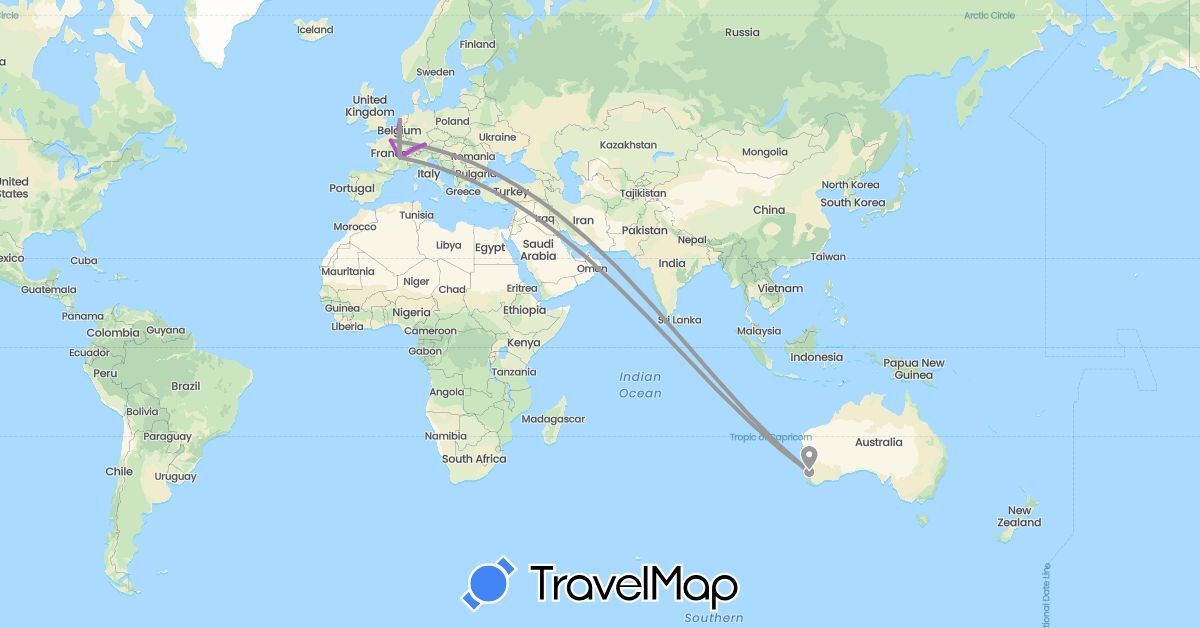 TravelMap itinerary: driving, plane, train in Australia, Belgium, Switzerland, Germany, France, Netherlands (Europe, Oceania)